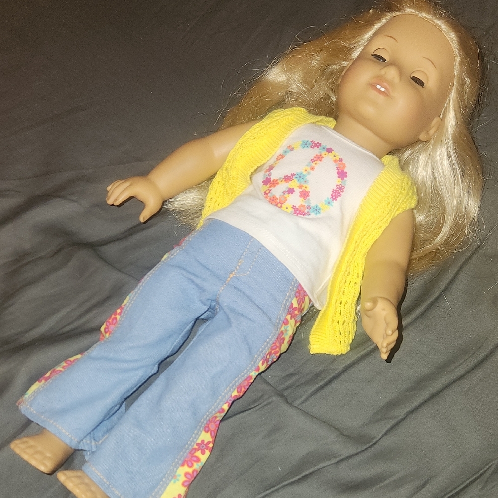 American Girl Doll with Yellow Vest and Blue Jeans